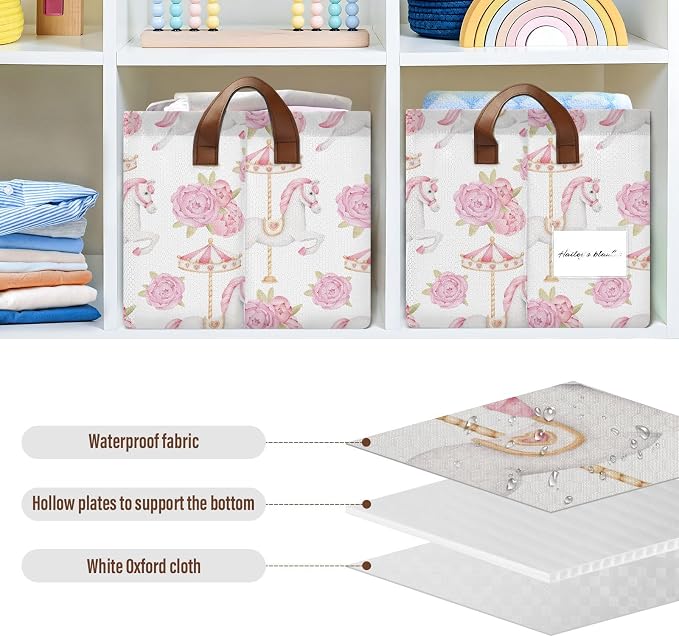 Cute Carousel Horse with Pink Flower Baby Storage Basket with Label&Handles Rectangular Waterproof Nursery Storage Bins Collapsible Shelf Organizer Baskets for Kids Books Cloth Gift Toys Laundry, 2 PC