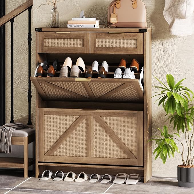 Halitaa Shoe Cabinet with 2 Flip Drawers & 2 Drawers,Farmhouse Shoe Storage Cabinet for Entryway,Slim Freestanding Narrow Organizer Rack for Front Door Entrance,Rustic Oak Rattan