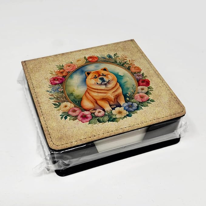Caroline's Treasures Chow Chow and Flowers PU Leather Note Paper Holder with Artist-Designed Cover, Desk Accessory, Office Gift