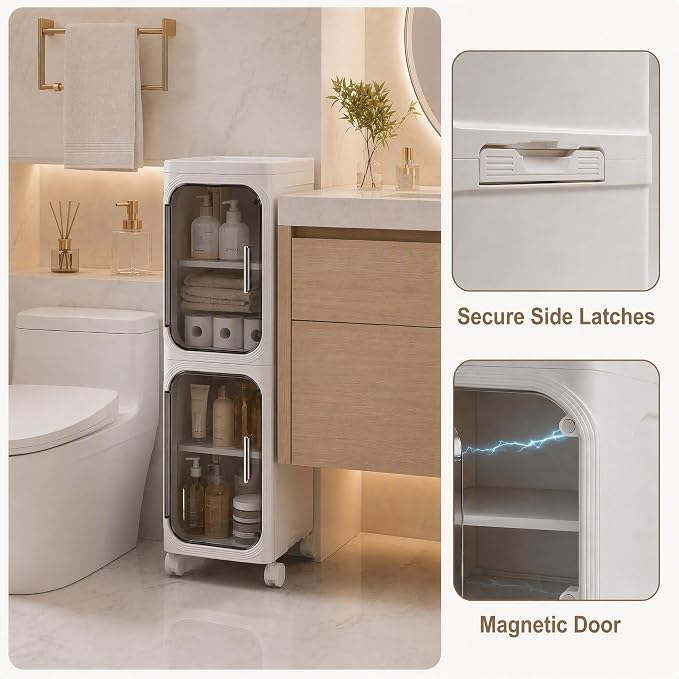 Narrow Slim Bathroom Storage Cabinet, 2 Tier with Wheels, Foldable, White | Tools Free, Adjustable Shelves,Lockable Wheels, Magnetic Door, PET and ABS, Storage for Narrow Spaces