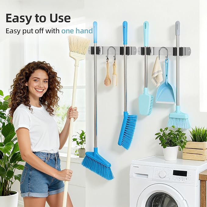 Broom Holder Wall Mount, 2-Pack Stainless Steel Mop and Broom Organizer, Broom Hanger with 2 Slots 2 Hooks for Home Kitchen, Garage, Garden and Laundry Room, Silver