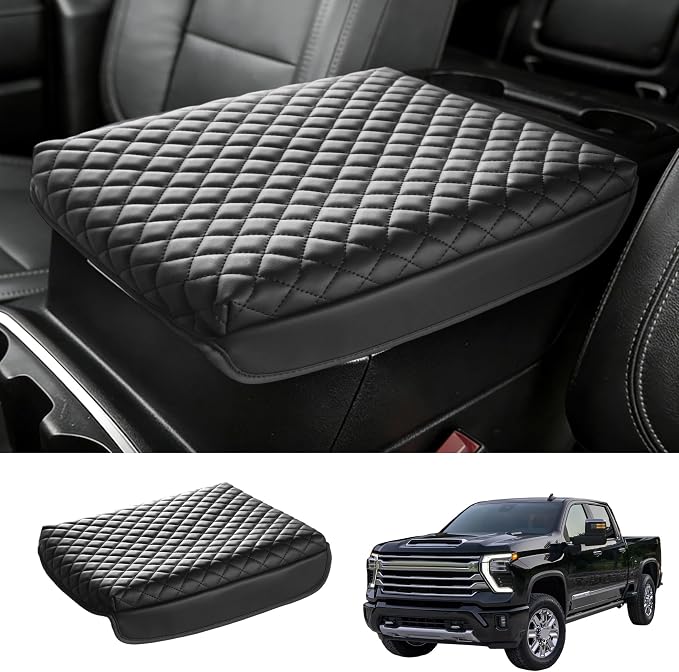 Center Console Armrest Cover Compatible with 2019-2026 GMC Sierra & Chevy Silverado for 2021-2026 Tahoe Yukon Suburban (Bucket-Seat Floor Console Only) – Scratch-Resistant Vinyl Leather Trim Black