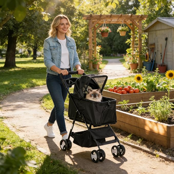4 Wheels Foldable Pet Dog Cat Jogger Stroller Travel Carrier Strolling Cart w/Waterproof Cover Storage Basket Cup Holder & Detachable Carrier for Medium Small Cat Dog, Black
