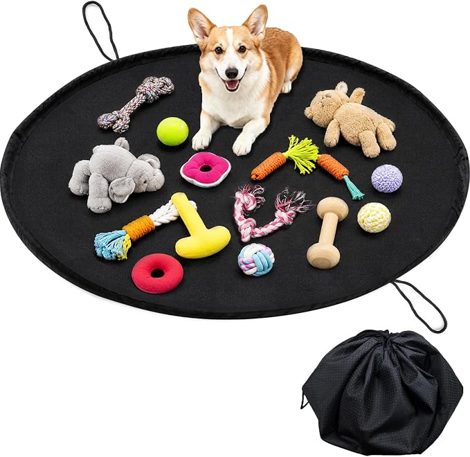 SZEE 2 in 1 Dog Toy Storage Bag and Reusable Play Pad, Washable Drawstring Pet Organizer, Pads for Indoors Dogs Play Pen, Oxford Fabric Waterproof Dog Mat for Floor, Car Trunk & Backyard, 47.24 in