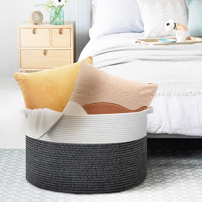 MEGASKET Large Throw Blanket Basket, 22" X 22" X 14" XXXL Blanket Holder for Living Room, Big Wicker Baskets for Storage, Woven Cotton Rope Kids Toy Box, Throw Pillow Holder Organizer Bin