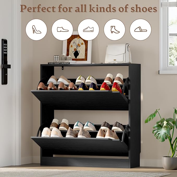 BORNOON Shoe Cabinet with 2 Flip Drawers, Slim Narrow Shoe Storage Cabinet, Freestanding Shoe Organizer with Adjustable & Removable Shelves, Top Display Shelf for Entryway, Hallway, Foyer, Closet
