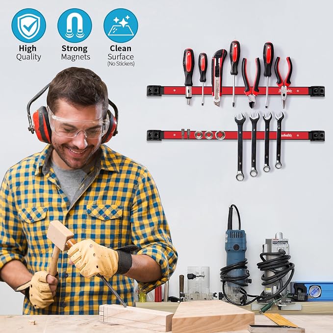 4 Pieces 18" Magnetic Tool Holder Strip, Red Magnet Bar, Metal Tool Organizer Rack for Garage Organization, Easy To Install in Workshop, Mounting Screws Included