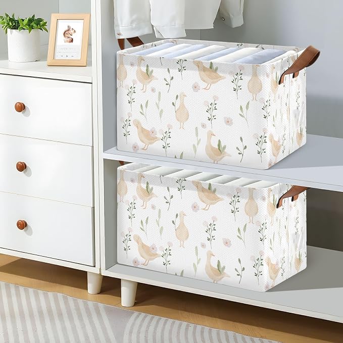 Cute Goose with Floral and Leaves Storage Basket Foldable Cube Storage Bins with Handles&Label Collapsible Organizer Box Bin Large Rectangle Decorative Baskets for Shelves Home Living Room Closet