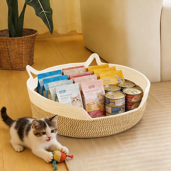 Cat Toy Basket, Cat Toy Box Organizer Baskets, Woven Cotton Rope Pet Puppy Dogs Cats Bed Toy Bin With Handle, Chew Toys Blankets Leashes Storage Baskets for All Pets - Puppies to Large