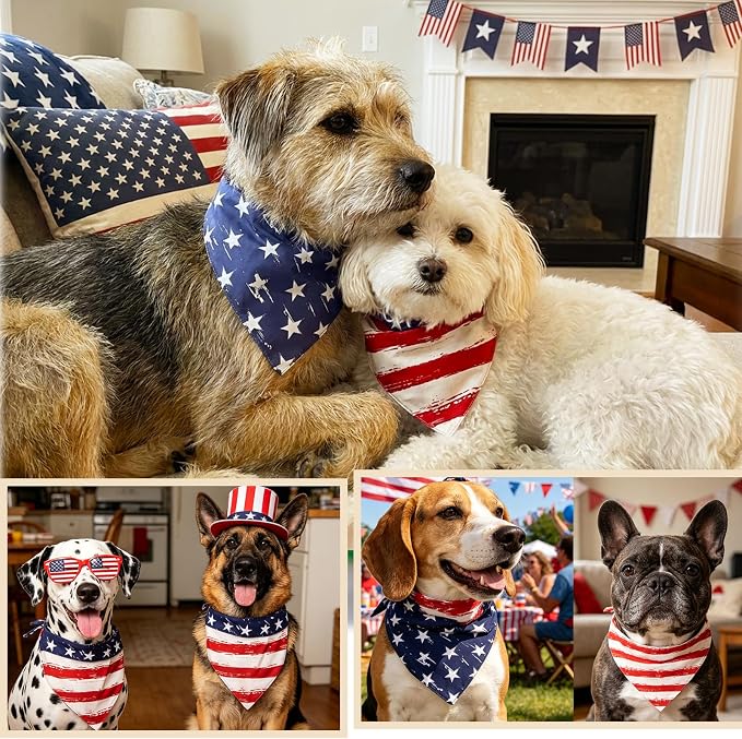 2-in-1 Vintage 4th of July Dog Bandana, Reversible American Flag Print American Flag Triangle Scarf Adjustable Snap Button Patriotic Neckwear for Giant Breeds 75lbs+