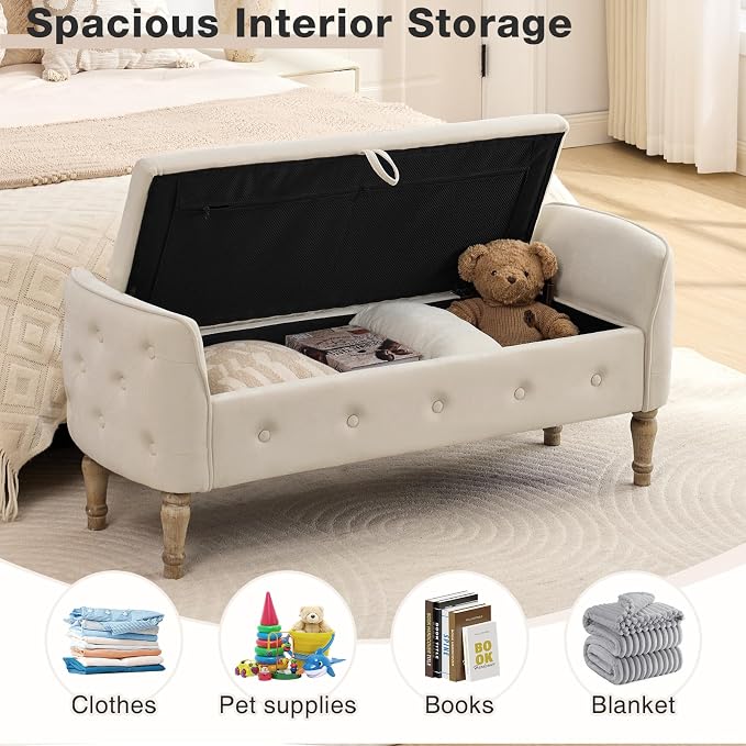 End of Bed Storage Bench King Size,51" Upholstered Bedroom Bench,Beige | Linen Storage Bench for Bedroom End of Bed ,2 Cushion, Vintage Wood Legs ,Tufted,Storage Ottoman Bench for Entryway Window