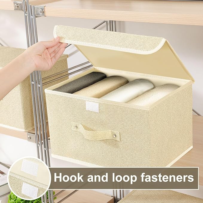 Storage Bins with Handles,Grey and Beige,13x9.1x7.9in,5 Pack | Storage Baskets with PP Board Support,Washable Wardrobe Organisers with Lids,Stackable Organization Bins for Socks,Ties,Scarf