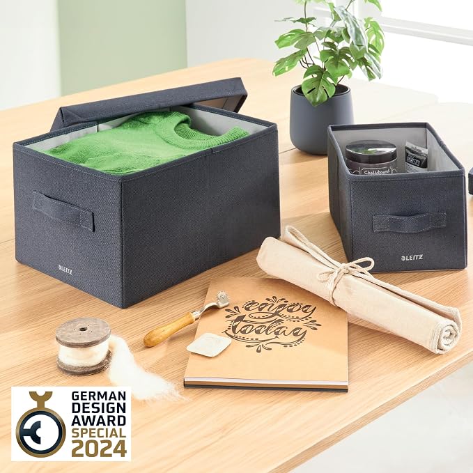 Leitz fabric storage box with lid, set of two storage cubes, foldable ottoman storage box, eco-friendly recyclable organizer box, velvet grey, medium size, 61440089