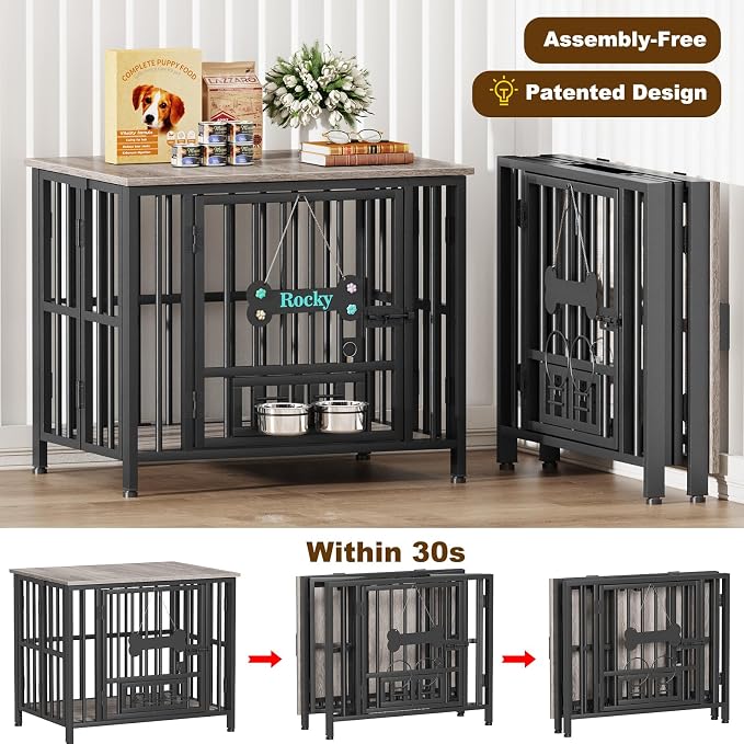 Easycom 31" Dog Crate Furniture Foldable, No Assembly Decorative Dog Kennel Indoor, Dog Crates for Medium Dogs(20-35 lb), Wooden Dog Cage with Adjustable Bowls and Name Tag, End Table, Oak Grey
