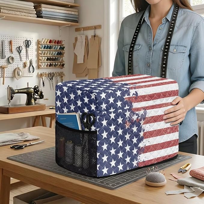 Sewing Machine Cover Polyester Febric US Star Stripe Flag Print | Dust Pet Hair Protection,Quilting Design,Fits Standard Singer,Brother Janome Machines,Protecting Decorating Your Sewing Space