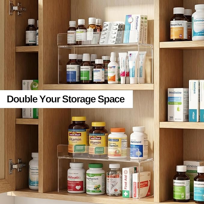 2 Pack Medicine Cabinet Organizer, Acrylic Medicine Storage Organizer, Narrow Medicine Cabinet Shelf for Bathroom Vanity Sink, Clear