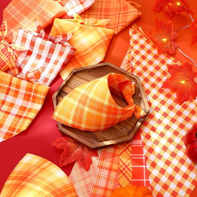 Abbylike 50 Pcs Fall Plaid Dog Bandanas Bulk, Autumn Gingham Pattern