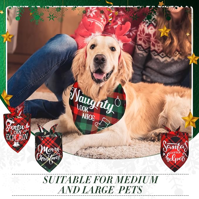 8 Pcs Christmas Dog Bandanas Buffalo Plaid Pet Scarf Bibs,Large | Adjustable Triangle Bibs with Holiday Sayings, Reversible Red Black Green Plaid, Festive Costume Accessory for Pet Photos