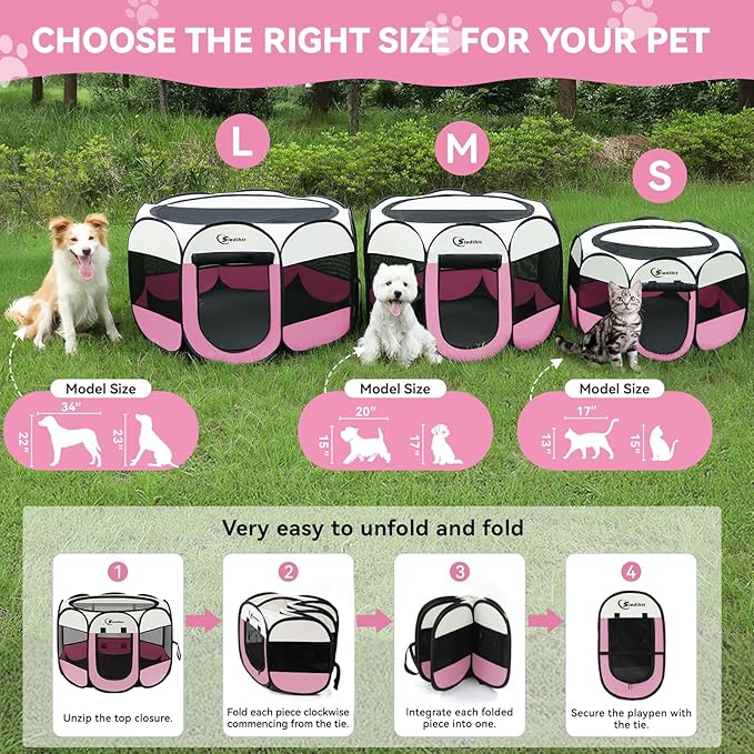 Siedihit Dog Cat Pet Playpen Tent Crate Cage with Washable Pad, Medium Pink | Breathable double-layer mesh Wide applicability Recovery After Surgery Portable Easy to Set up lightweight Recovering Pets