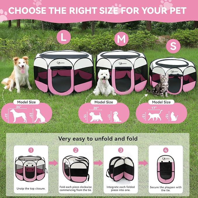 Sieidihit Dog Cat Pet Playpen Puppy Crate Cage Indoor Outdoor, Medium Pink | Nursing Rest Zone Recovering Pet Quarantine Room Portable Pop Up Easy to Set up lightweight Carrying Bag Wide applicability
