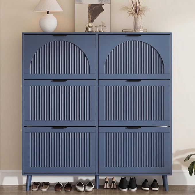 Shoe Storage Cabinet with 6 Flip Drawers, Narrow Wood Shoe Organizer Cabinet with Fluted Panel, Slim Shoe Rack for Entryway, Freestanding Shoe Cabinet for Living Room, Hallway, Blue