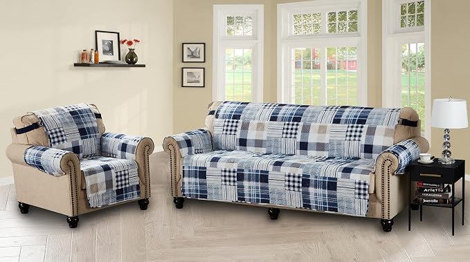 Brilliant Sunshine Blue Plaids & Stripes Couch Armchair Cover, 23" seat | Quilted Sofa Cover, Living Room & Bedroom Furniture Protector, Washable Chair Slipcover for Pets, Dogs & Cats