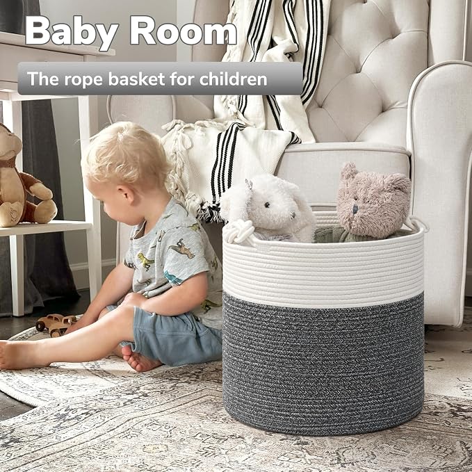 Goodpick Woven Rope Blanket Basket Living Room, 40L, Dark Grey | Baby Laundry Basket with Handles, Holds Clothes, Blankets & Pillows,Toys Storage for Kids