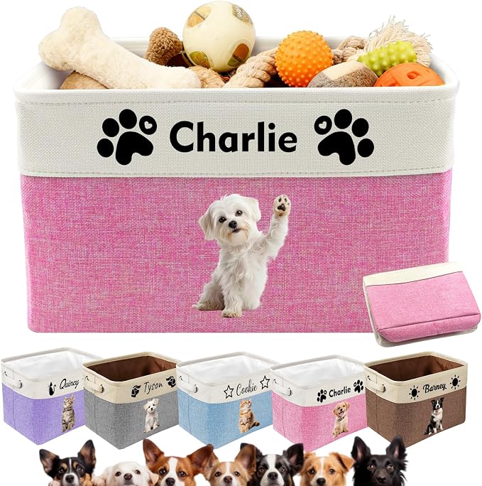 Personalized Dog Toy Basket Collapsible Storage Organizer Bin with Custom Pet Name Photo Foldable Canvas Box for Toys, Treats, Leash, Clothes Blankets Portable Handle Design