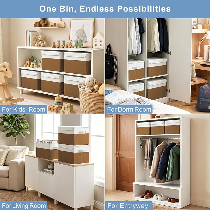 Large 22 Quart Linen Fabric Foldable Storage Bin Cube Organizer Basket with Flip-Top Lid & Handles, Clothes Blanket Box for Home, Office, Closet, Brown & White, 4 Pack 14.6 x 9.5 x 9.5