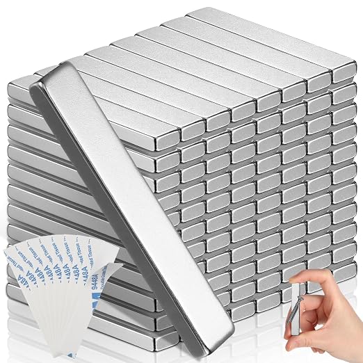 Hicarer 80 Pack Bar Magnet Heavy Duty Rectangular Thin Bar Magnet Strip with Double Sided Adhesive for DIY Fridge Kitchen Office, 60 x 10 x 3 mm