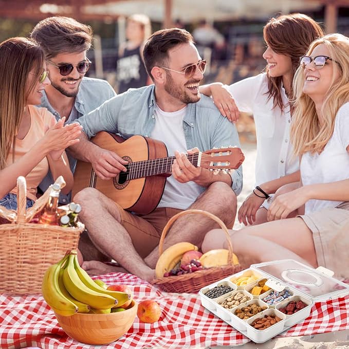 Snackle Box Snack Container Tray with Lid, Divided Serving Tray with Handle | Portable Snack Platter Fruit Veggie Trays Snackele Box Containers for Charcuterie, Party, Snack, Nuts, Beach, Travel, Picnic