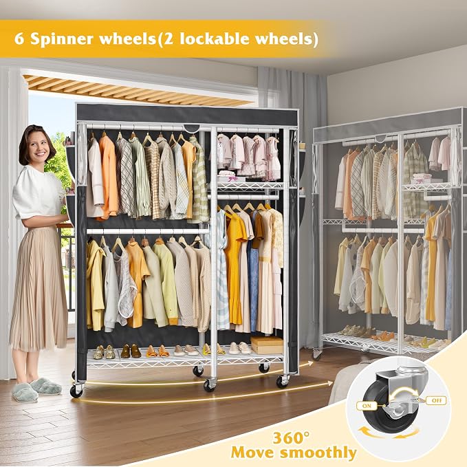 Raybee Clothes Rack with Cover, Rolling Portable Closet, 4 Hanging Zone | Heavy Duty, Tool-free Assembly, Adjustable Shelves, Lockable Wheels, Freestanding, Covered, Saving Space for Bedroom,Dorm