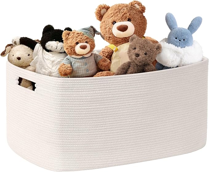72L Large Woven Laundry Basket Hamper with Handles, White | collapsible wicker hamper, storage for dirty clothes, toys, blankets, gifts, living room, bedroom, bathroom, 22"x17"x12"
