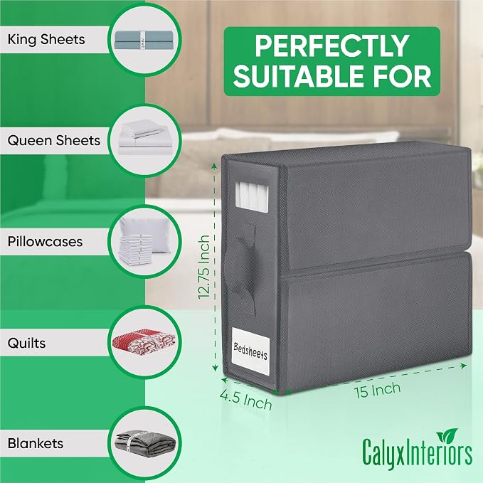 Calyx Interiors Bed Sheet Organizers and Storage | Set of 2 | Reinforced Handle & Zipper | Clear Window & Labeling Slot | Protect Linens from Dust, Moisture & Pet Hair (Queen/King Size, Solid Gray)