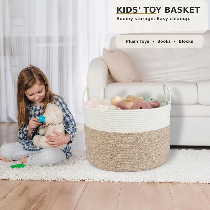 XUANGUO 66L Large Blanket Basket, Round Cotton Rope Basket, White & Brown | 20" x 13" Laundry Basket with Sturdy Handles for Blankets, Pillows and Toys; Storage for Living Room, Bedroom and Nursery