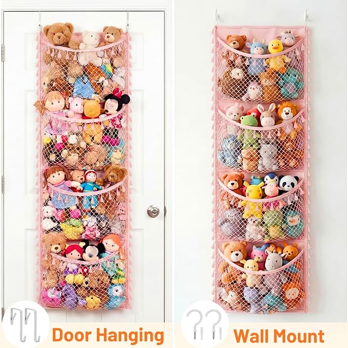 Over The Door Stuffed Animal Storage | Toy Organizer for Storage Plush Toys, Stuffed Animal Holder with 4 Large Pockets, Hanging Door Organizer for Nursery