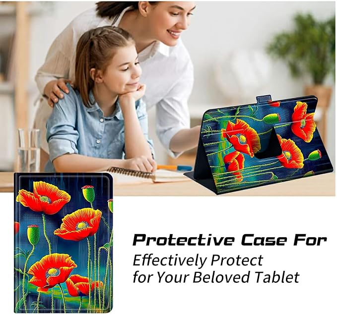 Universal Case for T-Mobile Revvl Tab 2 10.1" Model:9185W 2025/Revvl Tab 5G 10.36" 2023, 360 Degree Rotating Kickstand Protective Stand Leather Shell Cover for 9"-10.5", Artistic Red Flower