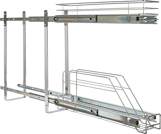 Household Essentials Glidez Multipurpose Chrome-Plated Steel Pull-Out/Slide-Out Storage Organizer for Cookware and Bakeware - 2-Tier Design - Fits Standard Size Cabinet or Shelf, Chrome