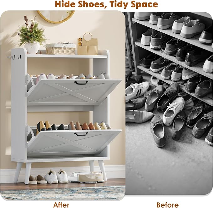 Shoe Cabinet Storage for Entryway with 2 Flip Drawers,Barn Door | Narrow Shoe Rack Cabinet with Adjustable Shelves & Hidden Storage for Foyer, Hallway, Living Room, 2 Hooks,White