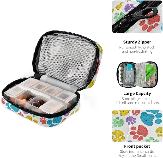 Watercolor Dog Paw Travel Pill Case Portable Weekly Pill Box Bag Container 7 Days Pill Organizer Vitamin Supplement Holder with Zipper for Family Business