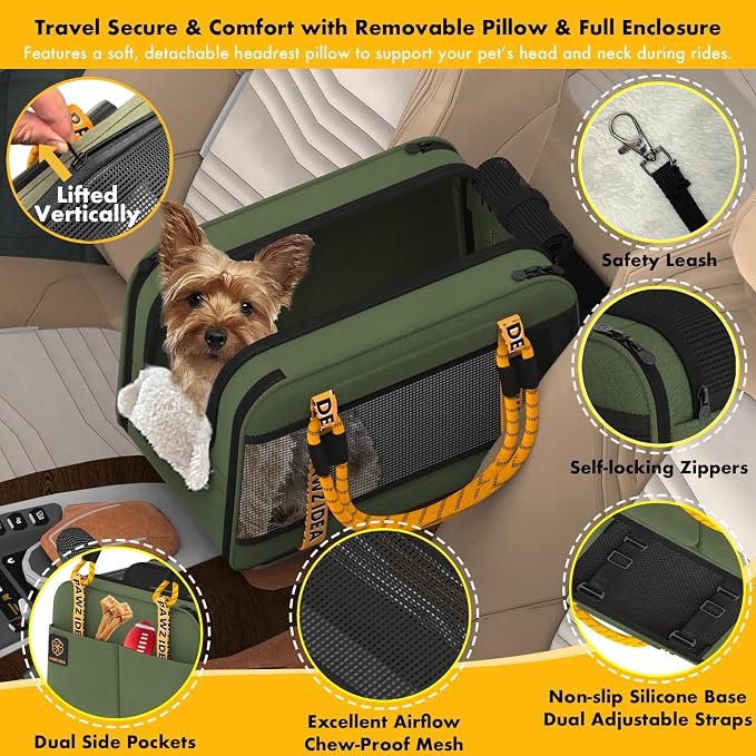 PAWZIDEA Center Console Dog Car Seat, Secure Straps & Anti Slip, Up to 12lb | Enclosed Small Dog Armrest Booster Car Seats, Anti-Collapse Portable Pet Carrier Soft-Sided, Removable Pillow &Storage Pocket