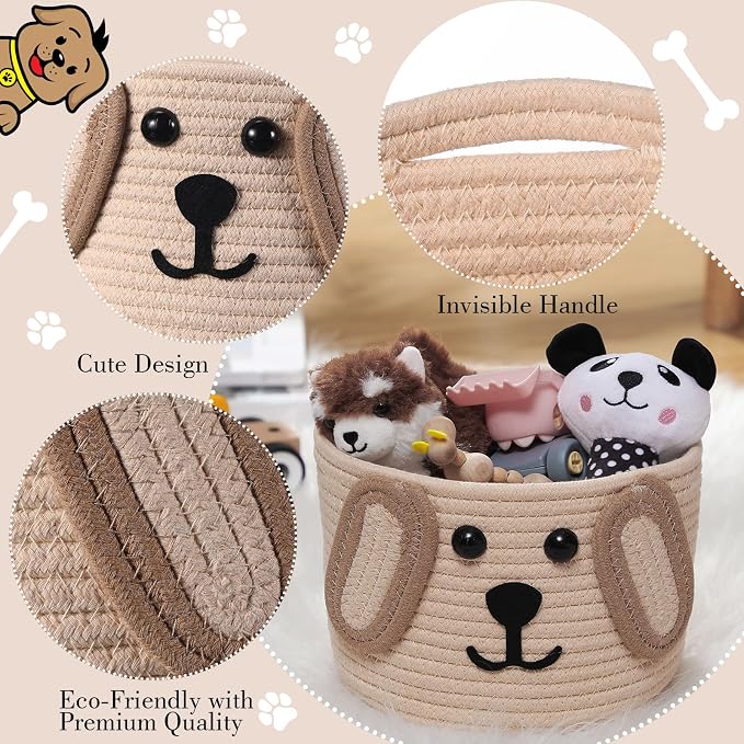 Zopeal Dog Woven Basket, 7.9" D x 6" H Cotton Rope Toy Storage Organizer, Dog Mom Gift Empty, Cute Laundry Puppy Gift Animal Basket for Clothes, Towels, Toy, Laundry, Bathroom, Home(Khaki, Beige)