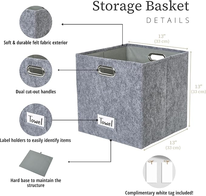 DECOMOMO Felt Storage Bins, 13 inch Cube Storage Bin with Labels | 4 Pack Storage Baskets for Shelves, Kallax (Dark Grey)