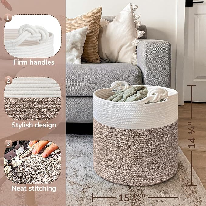 Goodpick Jute Woven Basket for Blankets Clothes Organizing，Cotton Rope, 40L | Soft Blanket & Laundry Basket with Handles, Baby Toy Storage Basket for Living Room, Playroom, Nursery, Brown