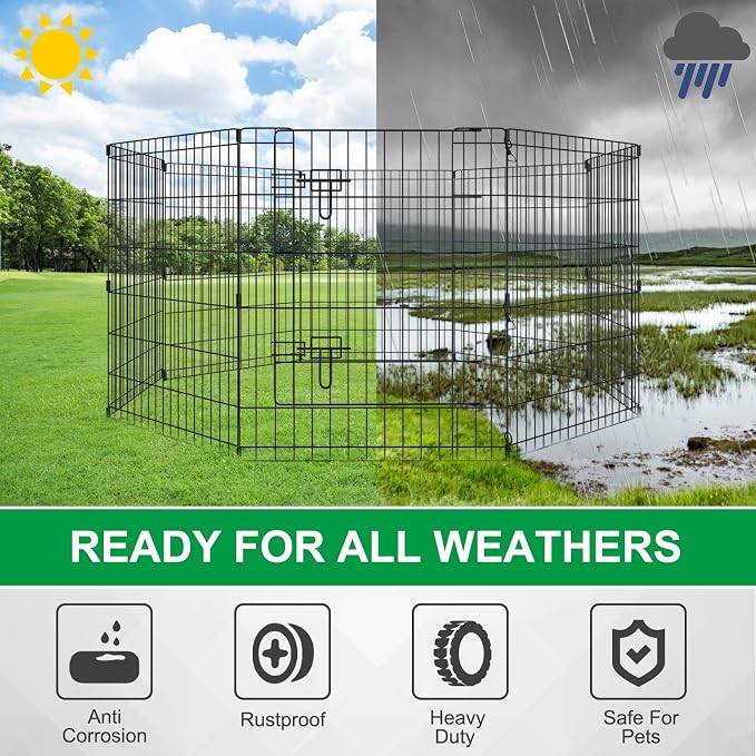 Artmalle Dog Playpen 30 Inch, 8-Panel Rustproof Foldable Fence with Door | Rustproof 8-panel metal playpen with door folds flat, sets up tool-free, and forms multiple shapes indoors or outdoors.