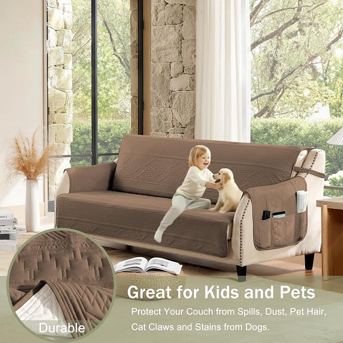 Boho Quilted Grand Sofa Covers Washable, Couch Cover for Grand Sofa, Soft Cozy Couch Protector for 4 Cushion Couch, Oversized Grand Sofa Slipcovers Water-Repellent (Grand Sofa 88", Raw Umber)