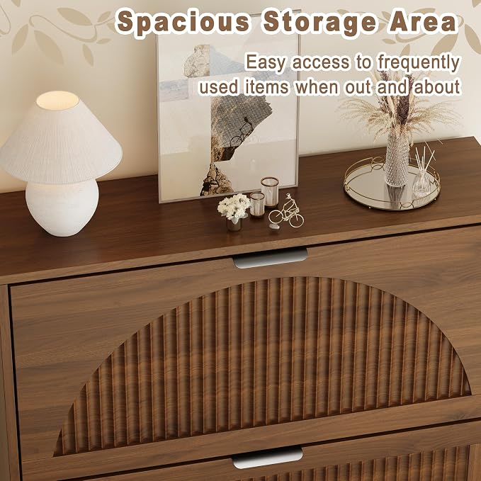 Shoe Storage Cabinet with 2 Flip Drawers, Narrow Wood Shoe Organizer Cabinet with Fluted Panel, Slim Shoe Rack for Entryway, Freestanding Shoe Cabinet for Living Room, Hallway, Walnut