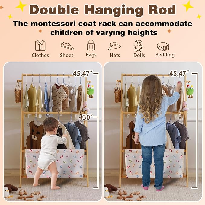 Baveke Kids Clothing Rrack- Kids Dress Up Rack for Little Girls, FSC-Certified Bamboo Kids Clothes Rack, Toddler Dress Up Storage Rack & Folding Costume Rack, Double Rods, Pets Clothes Rack, Number
