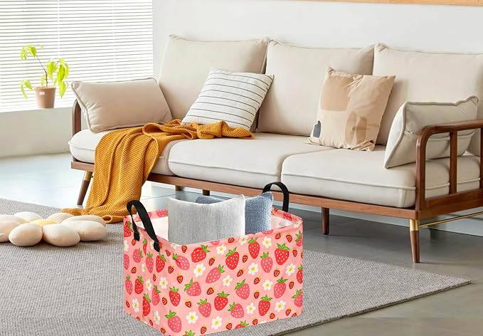 Kid Storage Basket Gift Shelf Basket Toy Storage Bin, Nursery Basket Organizer Box for Children Room Deco With Handles (Strawberry)