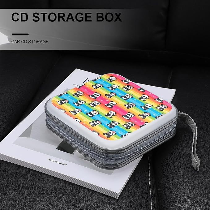 CD Cases 40 Capacity Rainbow Panda Hard Shell Case DVD Holder Wallet | Disc Organizer Storage Binder, Rainbow Cute Unicorns Panda Portable Zipper and Strap, for Home Car Travel